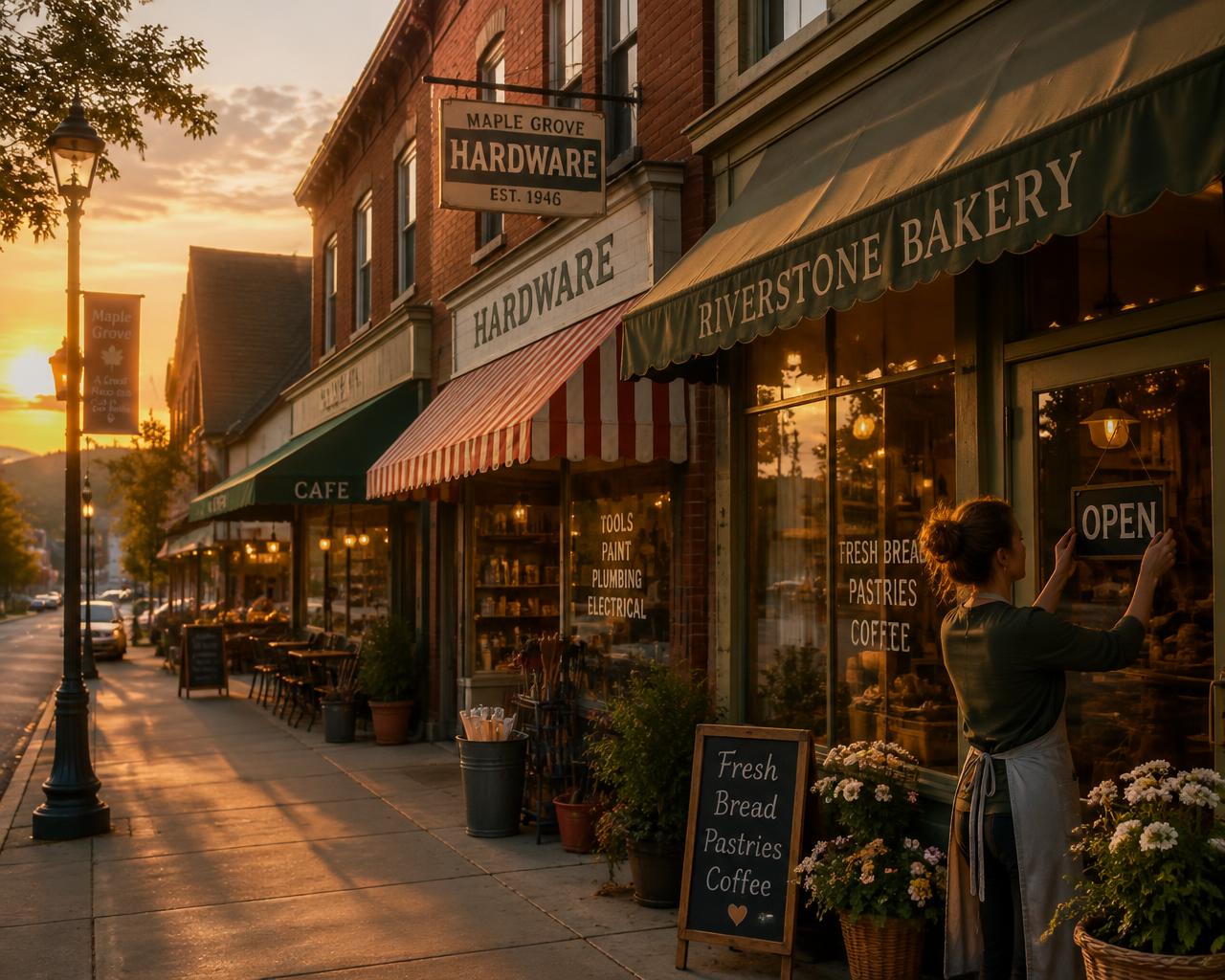 Independent storefronts on a small-town main street